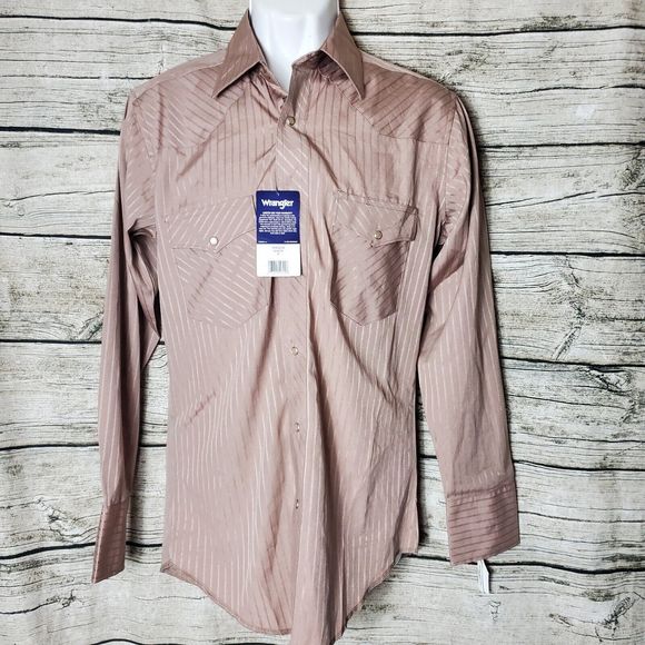 Wrangler Tan Stripe Western Pearl Snap Long Sleeve Shirt Mens Yellowstone Small - Picture 1 of 9